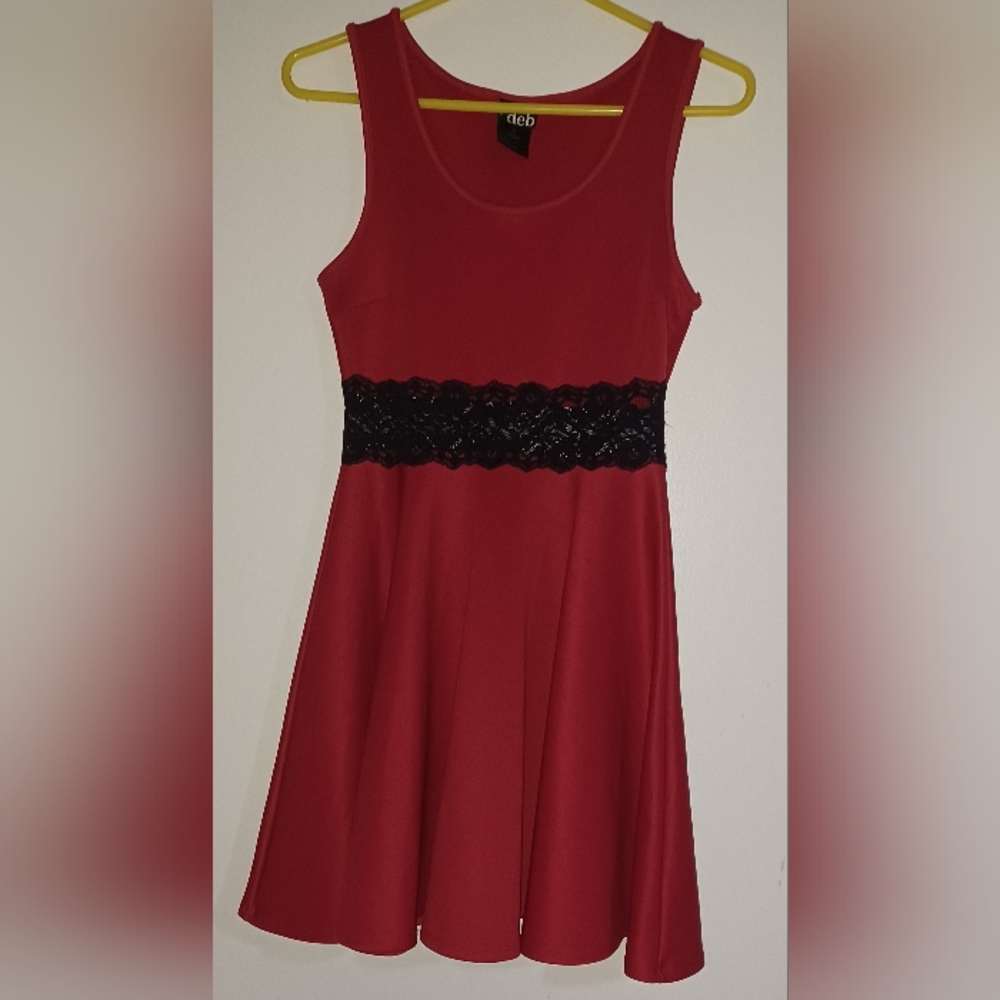 Red and black dress with lace